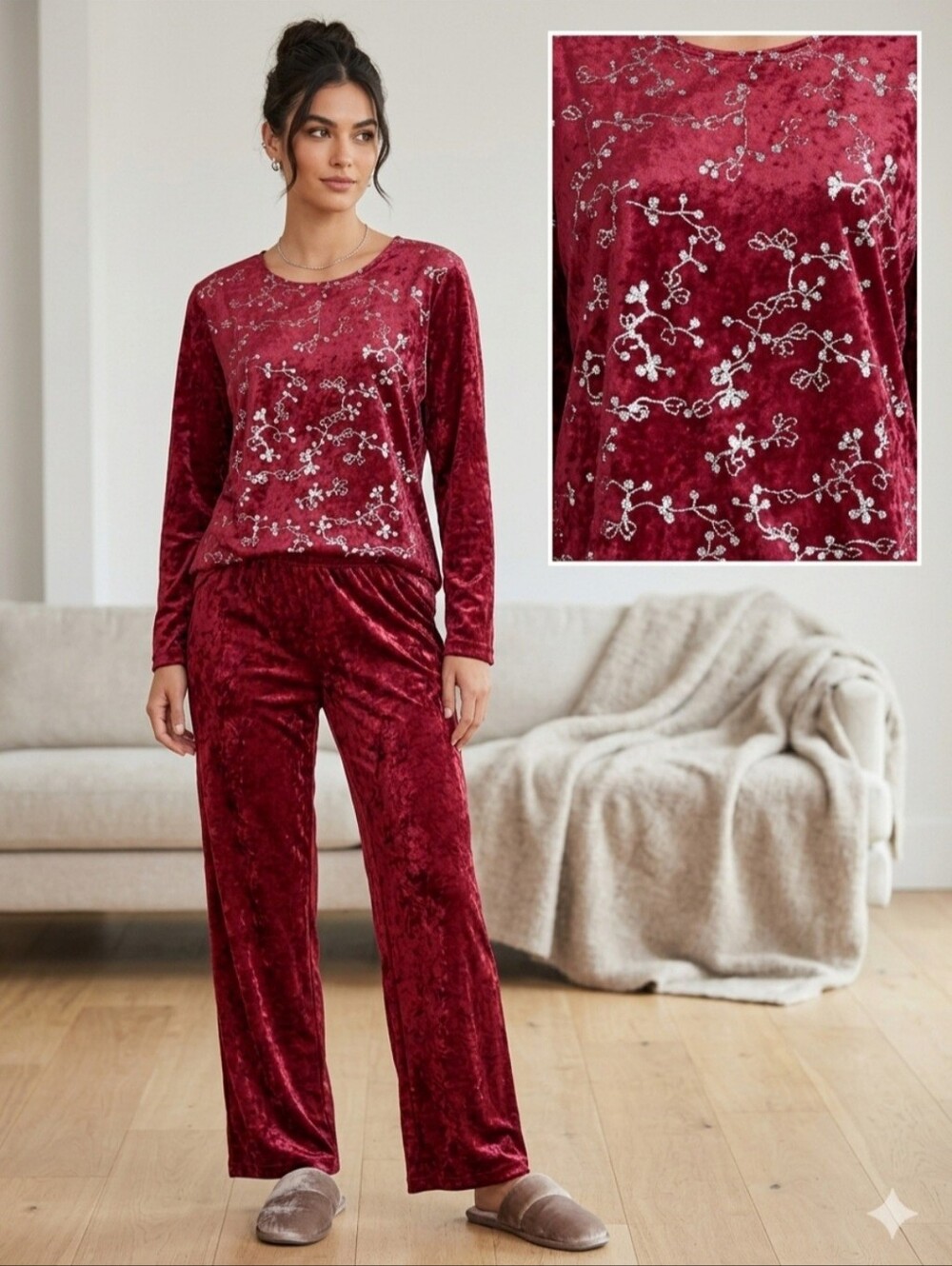 New Salon Studio by Haband Crushed Velvet 2-Pc Pajama Set Burgundy Red & Silver